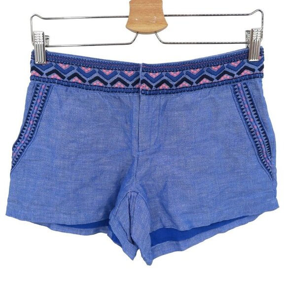 Vineyard Vines Womens 0 Blue Pink Embroidered Linen Cotton Blend Shorts Pockets - Picture 1 of 8